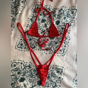 Red Rhinestone Slingshot Thong Micro Bikini dance wear